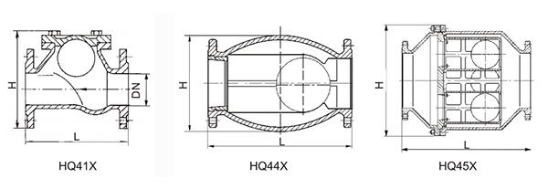 HQ44X微阻球形止回閥尺寸圖,HQ45X球型止回閥尺寸圖
